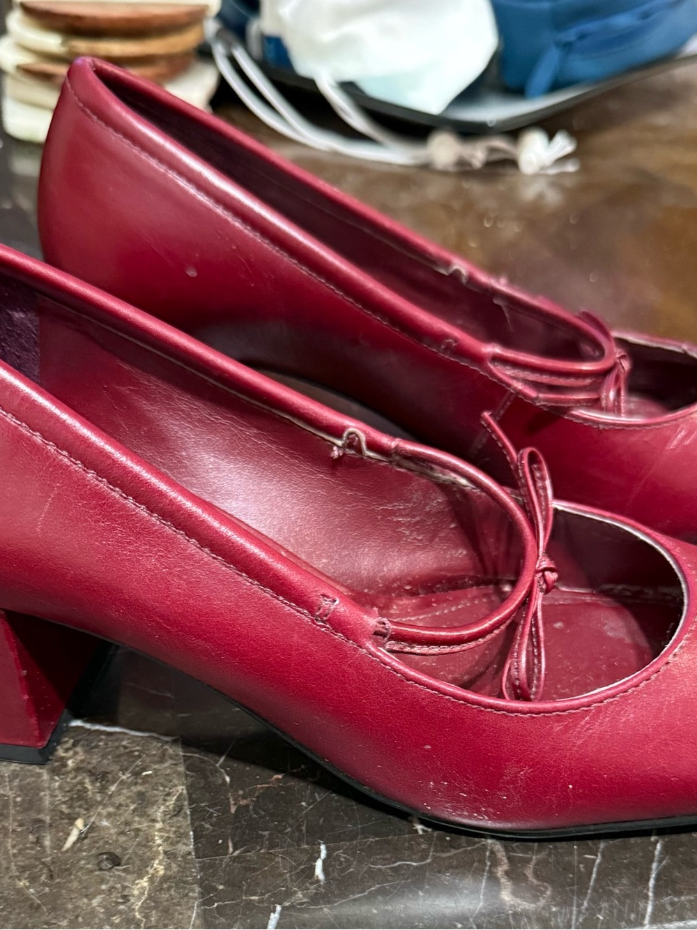 Vince Camuto Burgundy Leather Block Heel Pumps with Bow